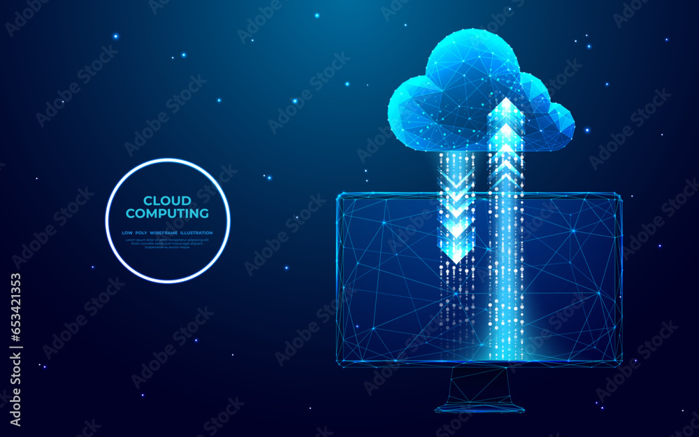Poster Abstract pc monitor with digital cloud computing. Cloud technology. Data storage. Internet and networking service concept. Low poly wireframe vector illustration in futuristic blue hologram style.
