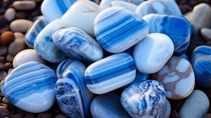 Blue Lace Agate Tumbled Stone - A Comforting Reiki Crystal for Stress and Emotions. Calming Blue and Periwinkle Tones of Natural Beach Pebble - obrazy, fototapety, plakaty