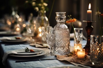 Obraz na płótnie Canvas Elegant dinner, water bottles on refined table., generative IA