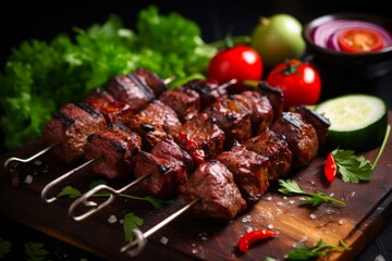 Spice Up Your Meal with Suya Kebab - Tasty African Snack on Skewers with Grilled Meat, Fresh Vegetables, and Ketchup. Close-up Shot