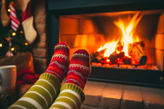 Warm Winter Relaxation by Christmas Fire: Woman's Feet in Woollen Socks with Hot Drink. Festive Home Holiday Concept