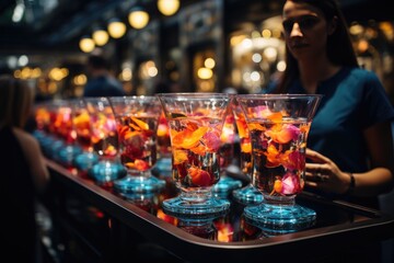 Fototapeta na wymiar Colorful cocktails shine in the inauguration party., generative IA