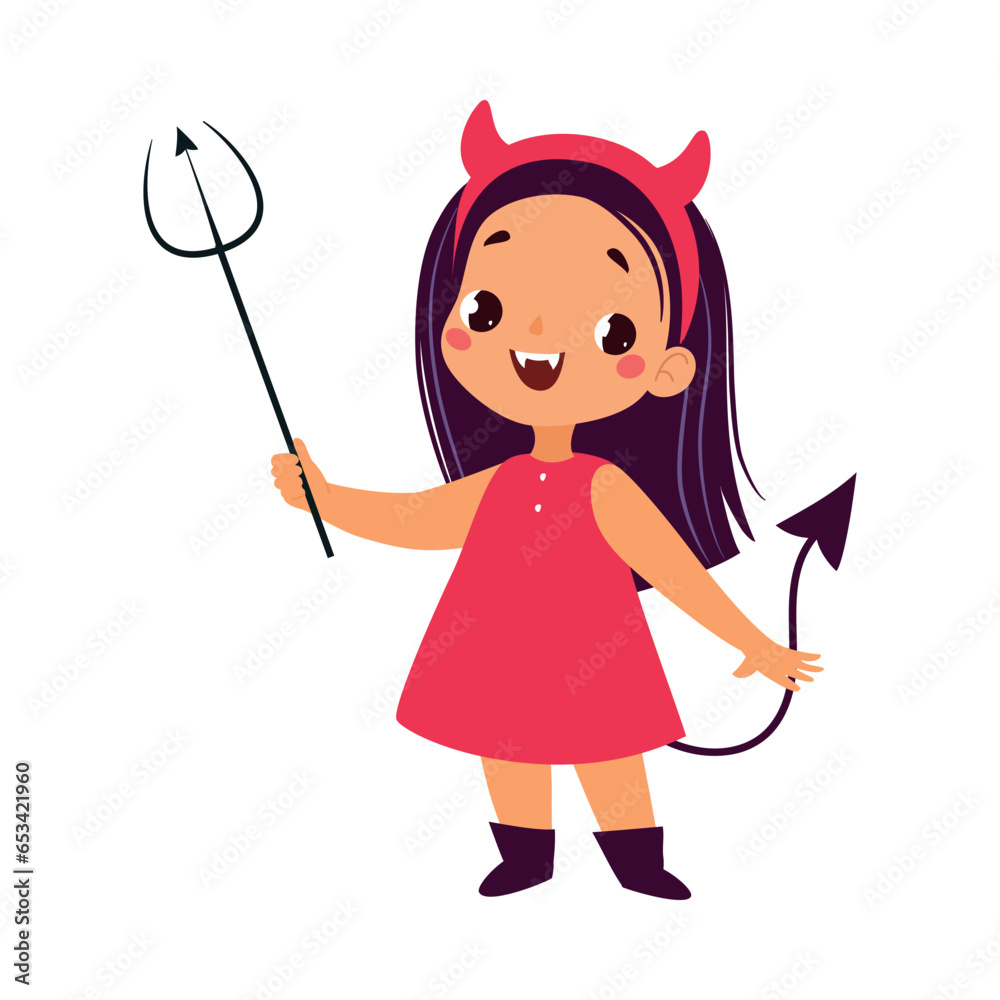 Sticker Happy Girl Character at Halloween Party Celebration in Devil Costume with Trident Vector Illustration