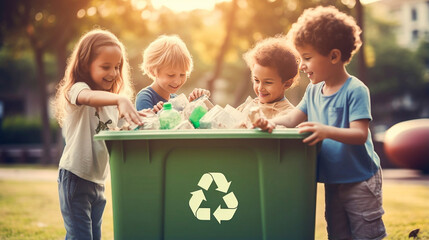 stockphoto, copy space, children putting recyclable materials into recycling bins. Young people are aware of recycling. Ecology, awareness. Recycling theme. - obrazy, fototapety, plakaty