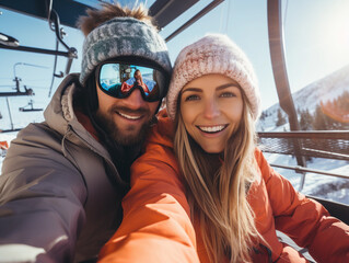 Portrait of happy couple on a gondola at a ski resort make selfie , snowy mountain landscape on background. - obrazy, fototapety, plakaty