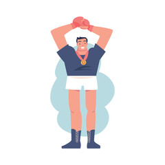 Smiling Man Winner in Boxing Glove with Golden Medal Vector Illustration