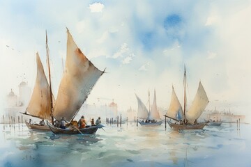 Watercolor sketch of gondolas and gondoliers in Venice. Generative AI