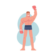 Fototapeta premium Smiling Man Winner Standing in Boxing Gloves with Raised Up Hand Vector Illustration