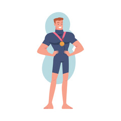 Smiling Man Winner with Golden Medal Vector Illustration