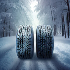 Winter tire. Car tire on snow road. Tires on snowy road detail. background