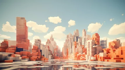 Foto op Plexiglas background voxel city landscape illustration design 3d, render modern, futuristic view background voxel city landscape © sevector