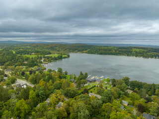 Fototapeta na wymiar Aerial photo of Cazenovia Lake located in Town of Cazenovia, Madison County, New York. 