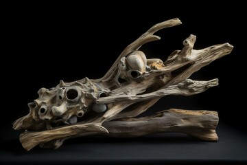 Abstract sculpture of driftwood and stone inspired by African wildlife, depicting the bond between art and nature. Generative AI