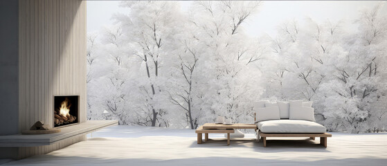 Winter, snowy patio of suburban house. Luxury exterior design scene.Villa  facade, backyard terrace, with couches and lounge chairs. Vacation, wellness, resort, hotel, penthouse.Generative ai