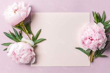 Mockup blank white paper with Peony flower with greeting card, Copy space. Generative AI image weber.