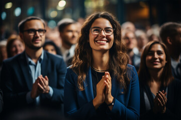 enthusiastic smiling audience applauding at a business seminar. Multinational business team, meeting ,seminar, training concept - obrazy, fototapety, plakaty