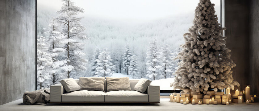 Spacious luxury apartment with panoramic windows. Gorgeous view on the snowy winter landscape. Interior design mockup with furniture, decoration.Modern cottage, villa. Generative ai.