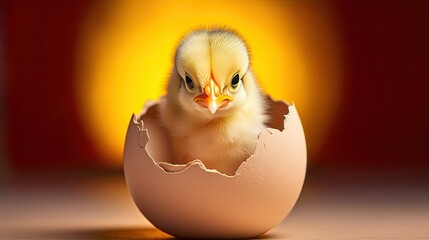 A little yellow chicken sits in the shell of an egg. A newly hatched bird. Natural background. Birth of a new life. Illustration for cover, card, postcard, interior design, advertising or marketing. - obrazy, fototapety, plakaty