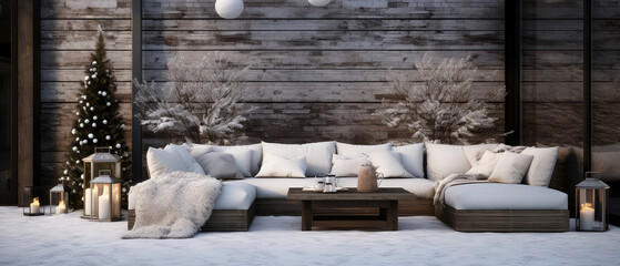 Christmas mockup. Winter, snowy patio of suburban house. Luxury exterior design scene.Villa Backyard terrace with couches and lounge chairs. Vacation, wellness, resort, hotel, penthouse.Generative ai