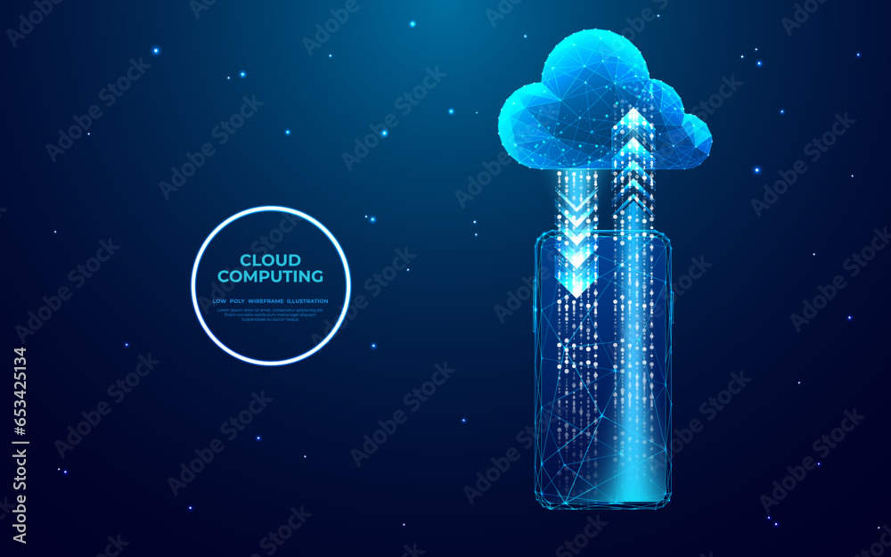 Poster Abstract Cloud Technology Concept. Cloud Storage with Arrows Up and down on smartphone screen. Digital vector illustration in futuristic low poly wireframe style. Geometry polygonal hologram