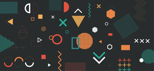 Geometrical pattern with orange, blue, white, red, yellow figures on dark brown background for  wallpapers, greeting cards, fabrics, packaging, posters