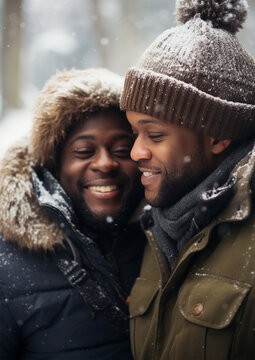 happy african american couple in winter park or forest.