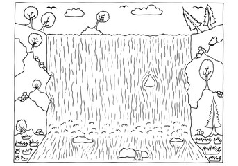 Landscape with waterfall in doodle style. Hand Drawn. Freehand drawing. Doodle. Sketch. Outline. Coloring page.	