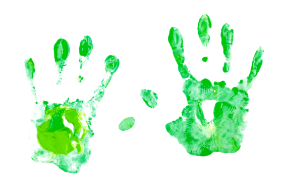 Set green hand print, paint watercolor isolated on white, clipping