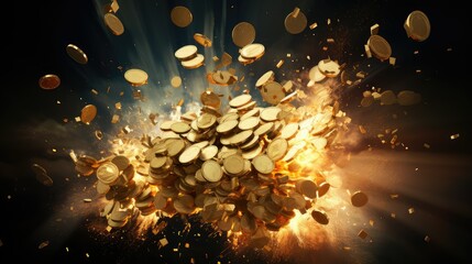 win gold coin explosion illustration en treasure, realistic game, shiny currency win gold coin explosion - obrazy, fototapety, plakaty