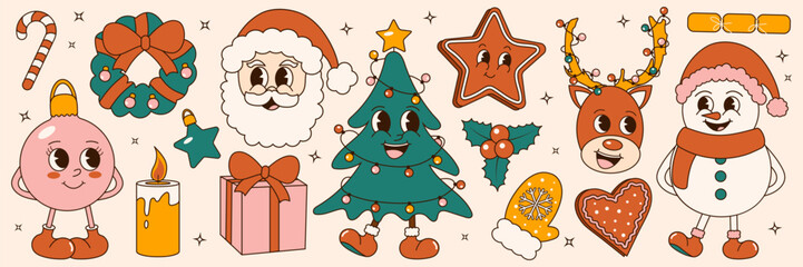 Groovy 70s Christmas sticker set. Trendy retro cartoon style. Comic cartoon characters and elements. Christmas tree, snowman, gingerbread, santa