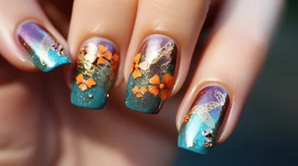 Fotobehang Beautiful female hands with manicure close-up, modern stylish nail design with butterflies © pundapanda