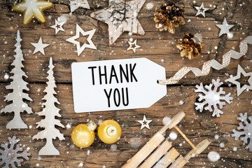 Rustic Christmas Decor With Snowfall And Label With Text Thank You
