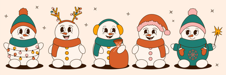 Groovy 70s Christmas sticker set. Trendy retro cartoon style. Cartoon snowman characters. Comic mascots