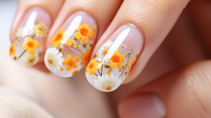 Beautiful female hands with w manicure close-up, modern stylish nail design with daisis