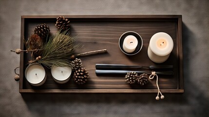  a tray with candles, pine cones, and other items.  generative ai