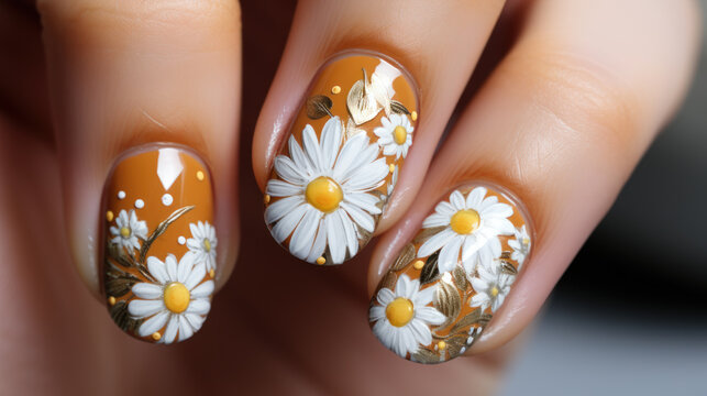 Beautiful female hands with w manicure close-up, modern stylish nail design with daisis