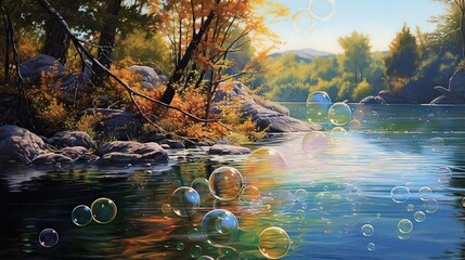  a painting of a river with bubbles floating in the water.  generative ai