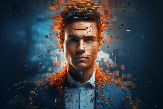 Portrait Face construction man with innovation. Futuristic dark blue background. Close-up.