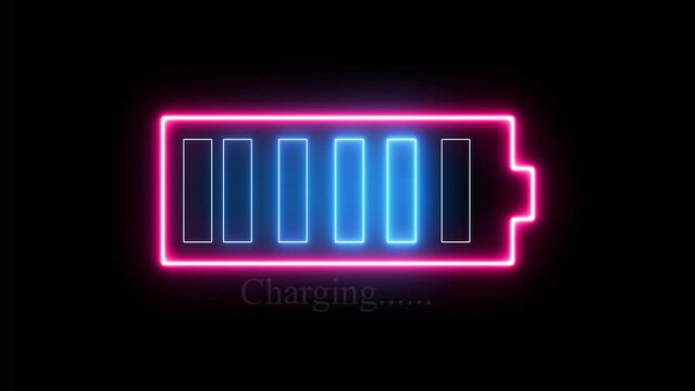 Battery charge neon sign. Abstract battery with charging symbol of in futuristic glowing polygonal style. Neon battery icon. Vector illustration