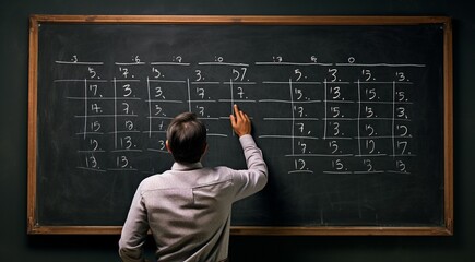 teacher in classroom, teacher in front of blackboard, blackboard with chalk, classroom with blackboard, teacher with chalk
