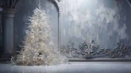 a white christmas tree sitting in front of a wall in a room.  generative ai