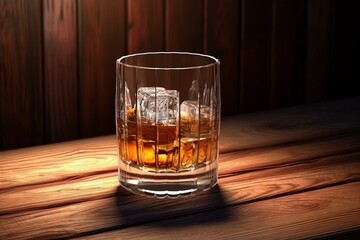 Whiskey glass with ice on wooden barrel against wooden background. High-quality 3D rendering. Generative AI