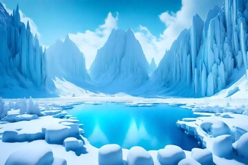 snowy landscape, cliffs, ice kingdom, landscape illustration in blue colors. free space, artwork. snow, ice, mountain, on the top, artic, drawing