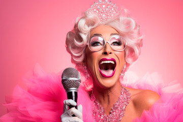 Exuberant middle - aged woman in a sparkly tiara, singing her heart out with a pretend microphone. - obrazy, fototapety, plakaty
