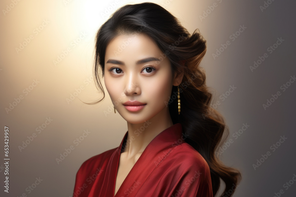 Poster a woman wearing a red robe poses for a picture. this versatile image can be used in various contexts