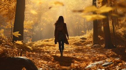 a woman's profile as she stands amidst vibrant fall foliage, savoring the cool, refreshing air of the autumn forest. The golden leaves and her relaxed demeanor create a serene atmosphere. - obrazy, fototapety, plakaty
