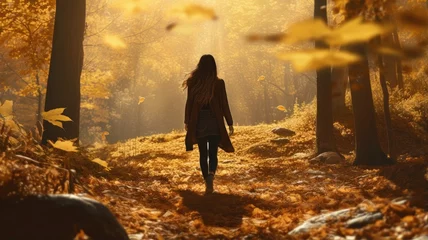 Foto op Canvas a woman's profile as she stands amidst vibrant fall foliage, savoring the cool, refreshing air of the autumn forest. The golden leaves and her relaxed demeanor create a serene atmosphere. © lililia