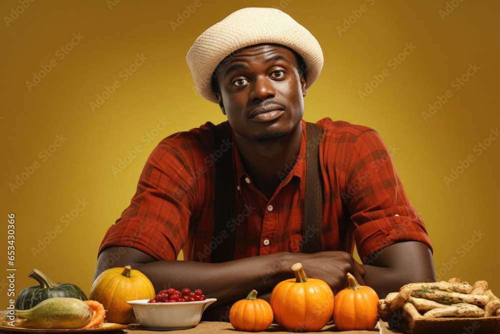 Poster a man is depicted sitting at a table surrounded by a plentiful spread of food. this image can be use