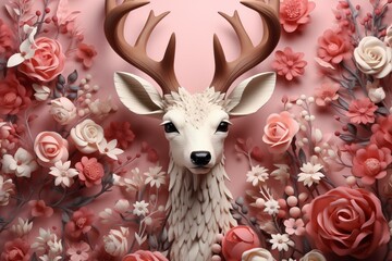 Lovely 3D floral deer on seamless background. Generative AI