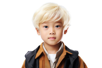 A young boy with blond hair wearing a jacket. This image can be used to depict a child's fashion or for showcasing outdoor activities in cooler weather.